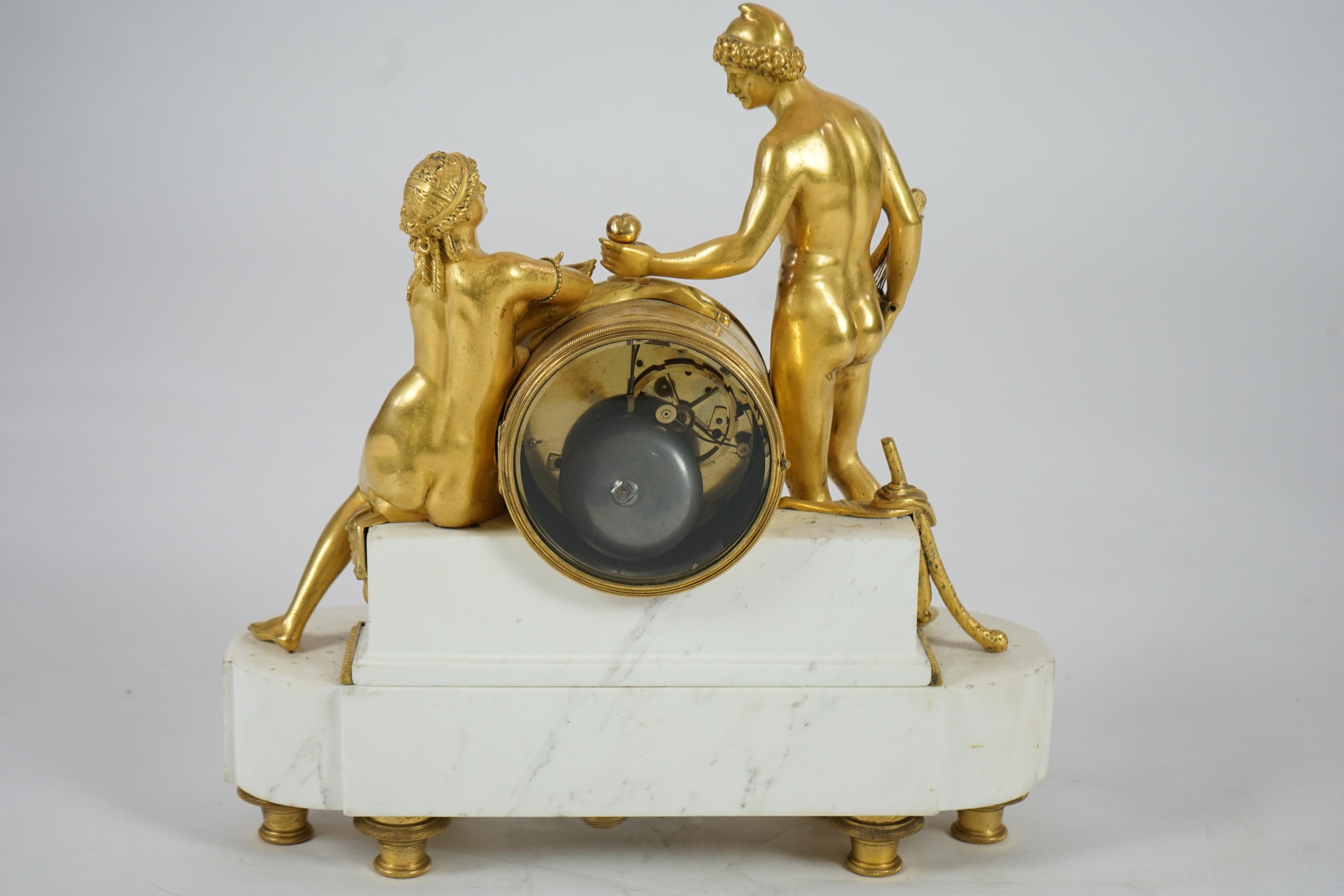 J. Petite of Paris. A 19th century French ormolu and white marble eight day mantel clock